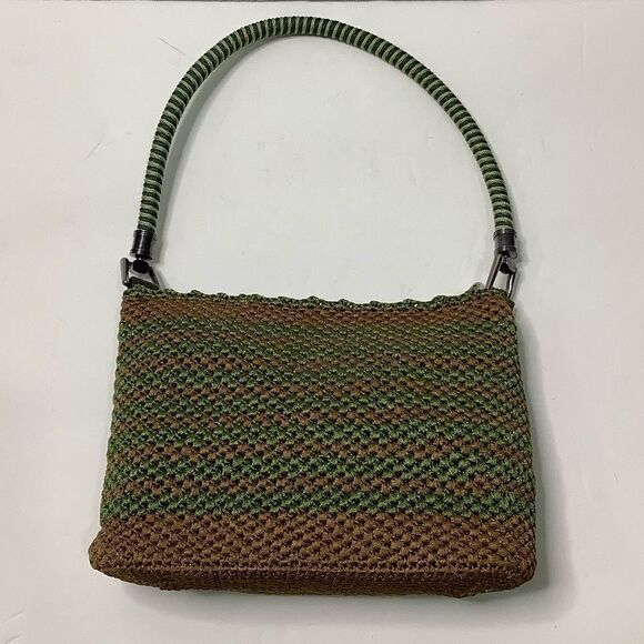 Vintage Unbranded Olive Green/Brown Knit Small Shoulder Baguette Bag - Picture 2 of 12